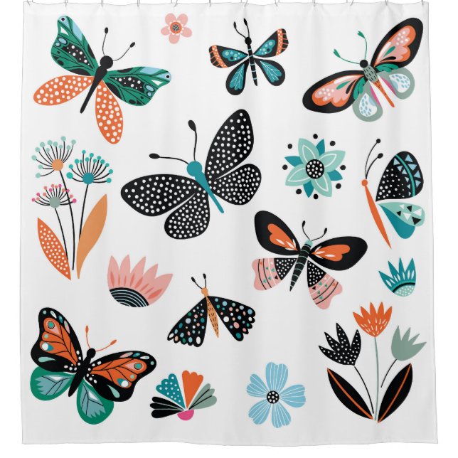 Schmetterlinge Blume: Handgezeichnete Sammlung Duschvorhang (Vorderseite)