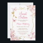 Schmetterlinge Blume mit Gold Glitzer Sweet 16 Einladung<br><div class="desc">Schmetterlinge Rose Gold Blume mit Gold Glitzer Rosa Sweet 16 Einladung Moderne Rose Blume Rosa Sweet 16</div>