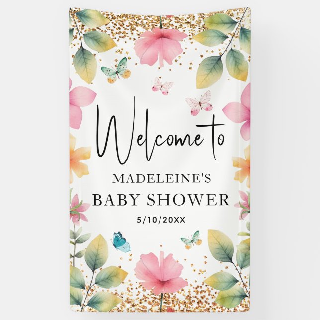 Schmetterlinge Blume Pink Baby Dusche Empfang Banner (Vertikal)