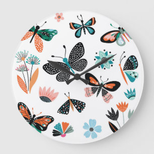 Schmetterlinge Blumen: Handgezeichnete Sammlung Große Wanduhr