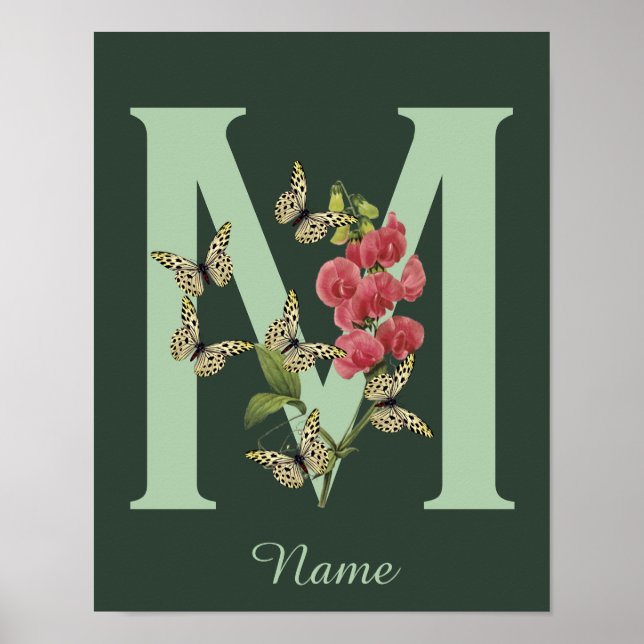 Schmetterlinge Blumen Monogramm Anfangsbuchstabe M Poster (Vorne)