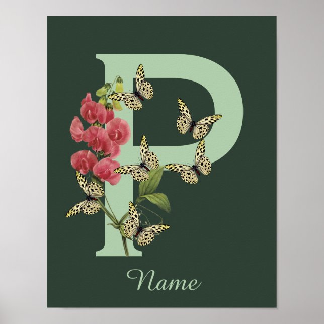 Schmetterlinge Blumen Monogramm Anfangsbuchstabe P Poster (Vorne)