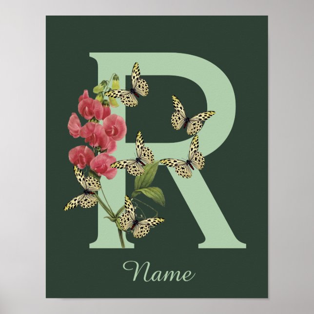 Schmetterlinge Blumen Monogramm Initiale R Persona Poster (Vorne)