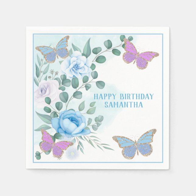 Schmetterlinge Blütenblau Lila Gold Geburtstag Serviette (Vorderseite)