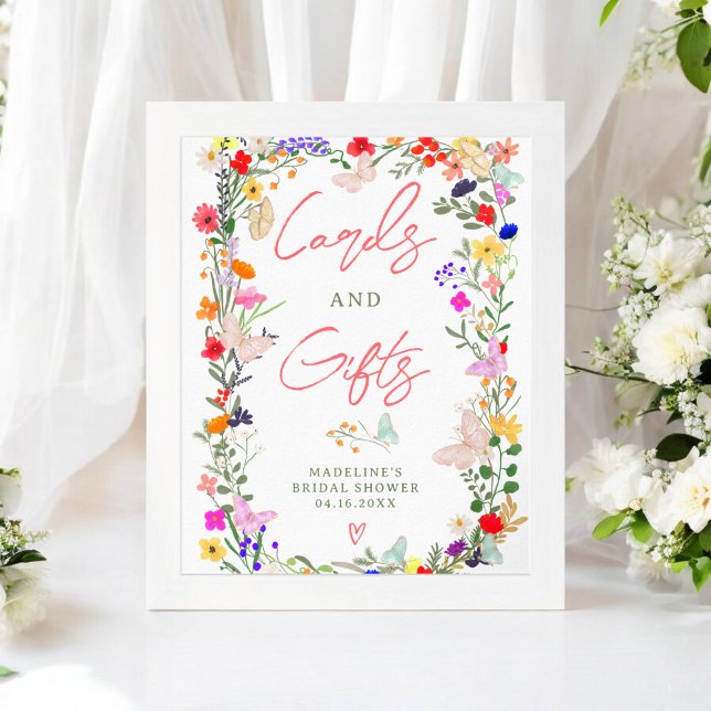 Schmetterlinge boho leuchtende wilde Blumen Brauts Poster (Butterflies boho bright wild lowers bridal sign)