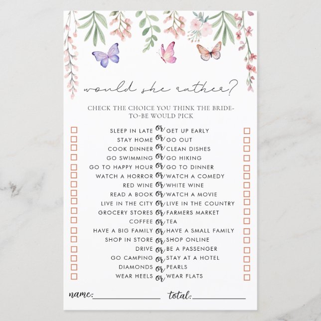 Schmetterlinge Brautparty-Spiel würde sie eher (Vorderseite)