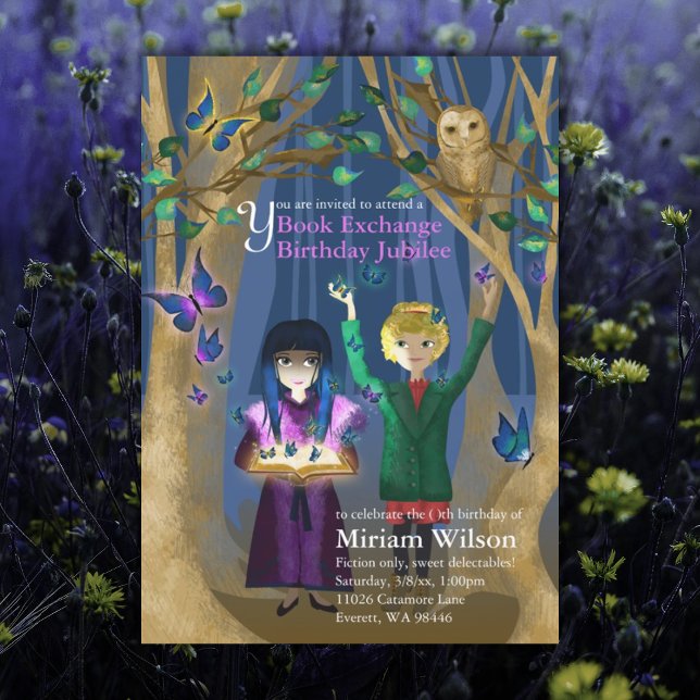 Schmetterlinge buchen Einladung zum Geburtstag ein (purple blue book exchange book swap birthday party unique birthday invitation for girl)