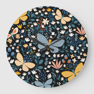 Schmetterlinge Floral: Handgezeichnet Nahtlos. Große Wanduhr