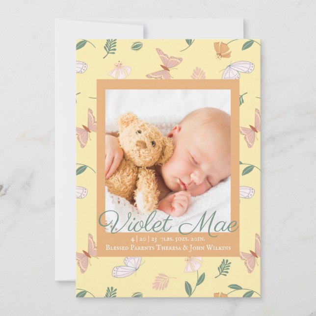 Schmetterlinge Foto Birth Ankündigung (Vorderseite)