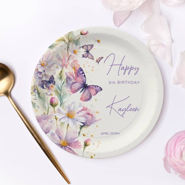 Schmetterlinge Geburtstagslavene lila gedruckt Pappteller (Butterflies birthday party tableware enchanted garden lavender purple printed paper plates)