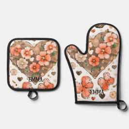 Schmetterlinge, Herzen und Blume Individuelle Name Ofenhandschuh & Topflappen-Set