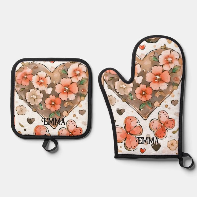 Schmetterlinge, Herzen und Blume Individuelle Name Ofenhandschuh & Topflappen-Set (Vorderseite)