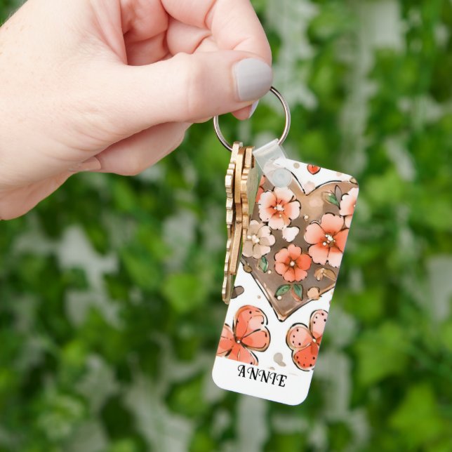 Schmetterlinge, Herzen und Blume Individuelle Name Schlüsselanhänger (Hand)