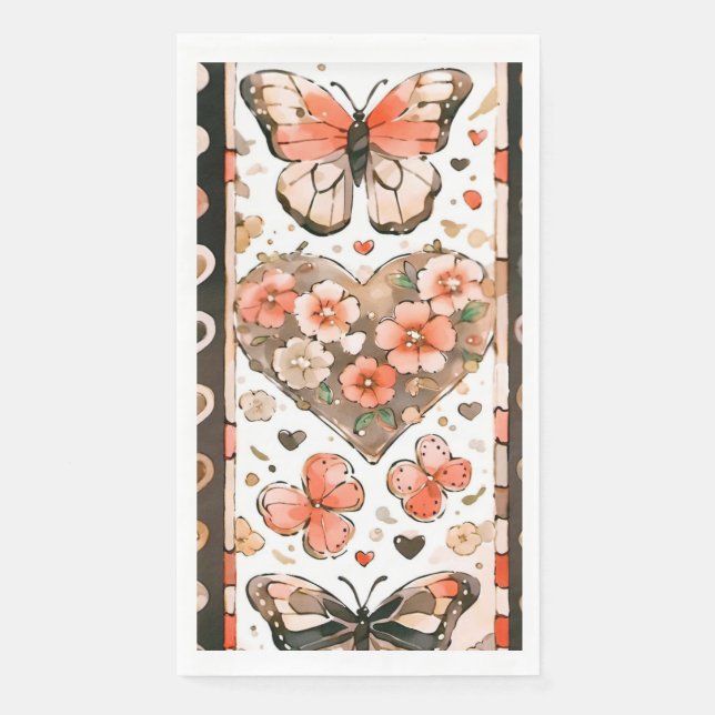 Schmetterlinge, Herzen und Blume Serviette (Vorderseite)