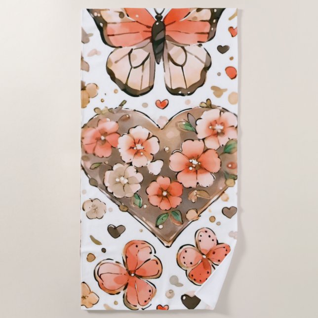 Schmetterlinge, Herzen und Blume Strandtuch (Vorderseite)