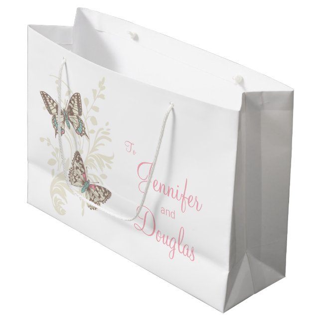 Schmetterlinge Hochzeitsbrille und Hochzeitsgesche Große Geschenktüte (Vorderseite Schrägansicht)