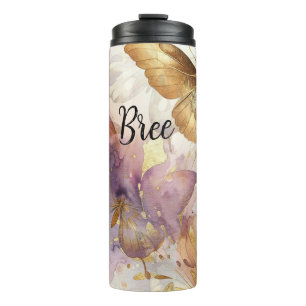 Schmetterlinge im Wasserfarblook in Lila und Gold Thermosbecher