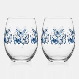 Schmetterlinge in Delft Blue, anpassbar Weinglas Ohne Stiel