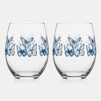Schmetterlinge in Delft Blue, anpassbar Weinglas Ohne Stiel