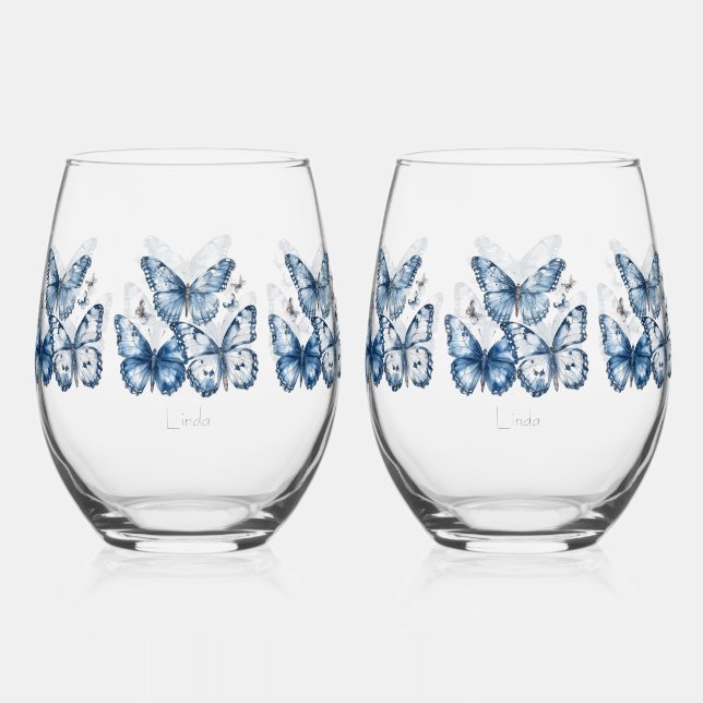 Schmetterlinge in Delft Blue, anpassbar Weinglas Ohne Stiel (Vorderseite)
