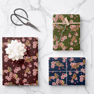 Schmetterlinge & Kirschblüten Maroon Blau & Grün Geschenkpapier Set