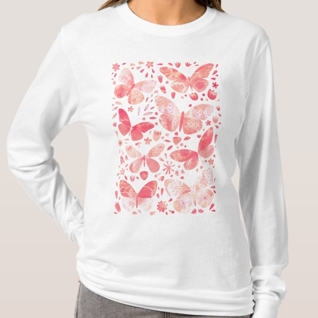Schmetterlinge Korallenrosa T-Shirt (Coral blush pink watercolor butterfly pattern t-shirt)