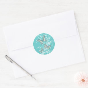 Schmetterlinge Kunst und Damast Aqua aquamarin Runder Aufkleber
