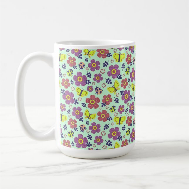 Schmetterlinge, Ladybugs, Blume und Blätter Kaffeetasse (Links)
