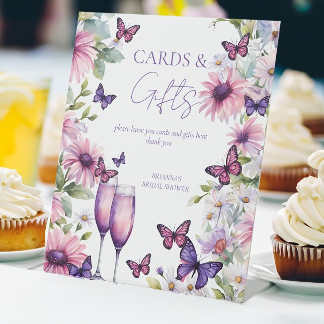 Schmetterlinge lila Brautparty Geschenke Sockelschild (Lifetime of Butterflies purple pink daisies bridal shower gifts and cards pedestal sign template)