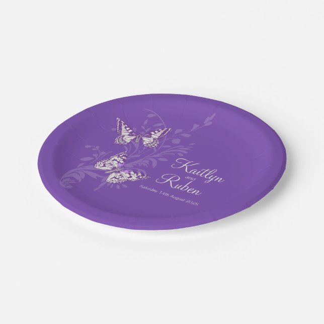 Schmetterlinge lila Hochzeitspapiere Teller (Schrägansicht)