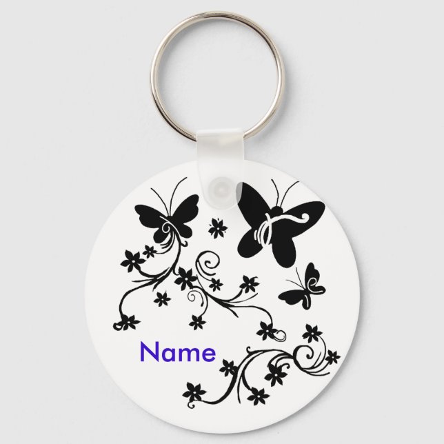Schmetterlinge mit Blume schwarz, weiß, Schlüsselk Schlüsselanhänger (Vorderseite)