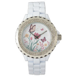 Schmetterlinge mit rosa Tulips und gelben Milben Armbanduhr