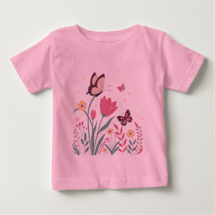 Schmetterlinge mit rosa Tulips und gelben Milben Baby T-shirt