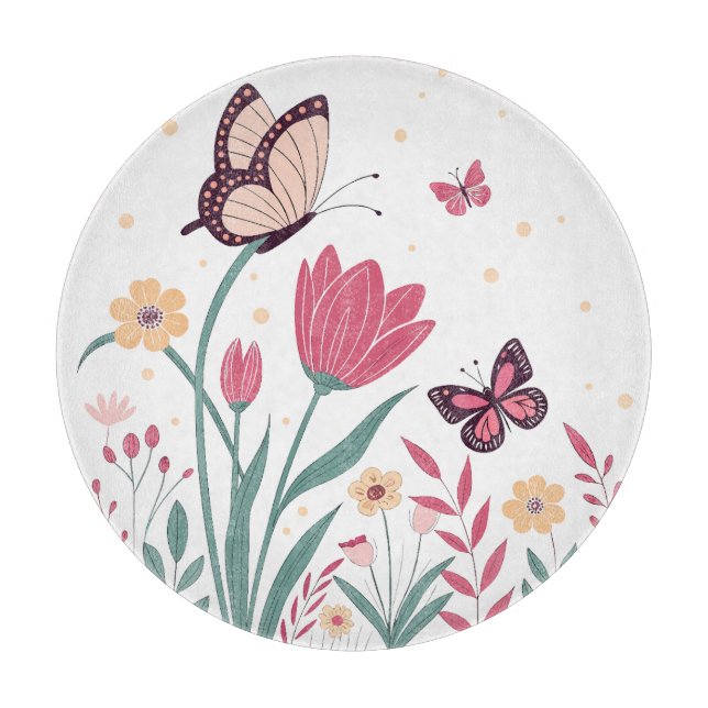 Schmetterlinge mit rosa Tulips und gelben Milben Schneidebrett (Vorderseite)