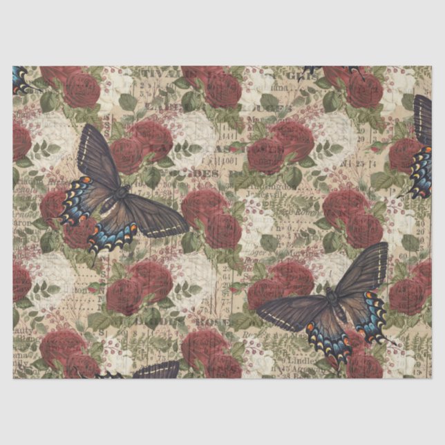 Schmetterlinge mit Rot-Weiß-Rose-Dekoupage Seidenpapier (Vorderseite)