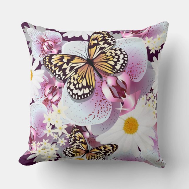 Schmetterlinge mit weißen und violetten Blumen Kissen (Vorderseite)