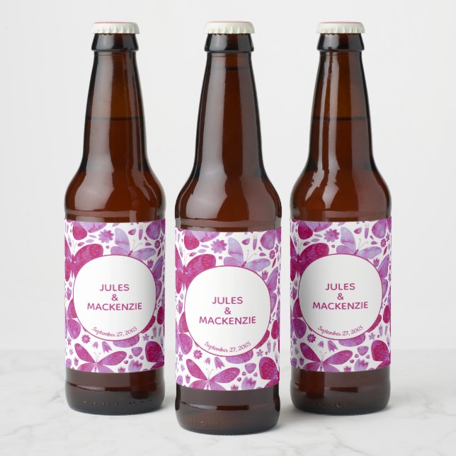 Schmetterlinge Moderne Boho Wasserfarbe Magenta Ro Bierflaschenetikett (Flaschen)