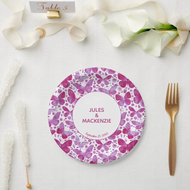 Schmetterlinge Moderne Wasserfarbe Magenta Pink Ho Pappteller (Hochzeit)