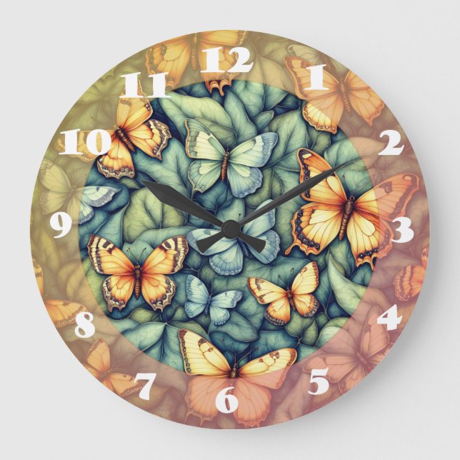 Schmetterlinge Muster Blau Grün Gelbe Schattierung Große Wanduhr (Vorderseite)