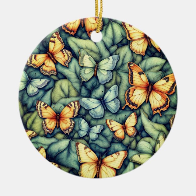 Schmetterlinge Muster Blau Grün Gelbe Schattierung Keramik Ornament (Vorne)