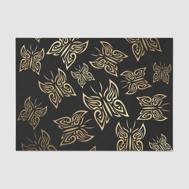 Schmetterlinge Muster Gold Black Seidenpapier (Vorderseite)