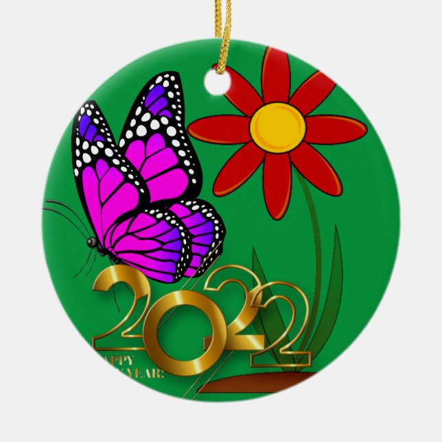 Schmetterlinge, Neujahr, 2022, Weihnachts-Triptych Keramik Ornament (Vorne)