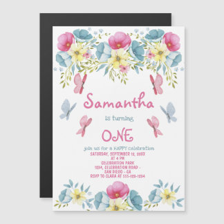 Schmetterlinge Pink Watercolor Florals Geburtstag Magneteinladung