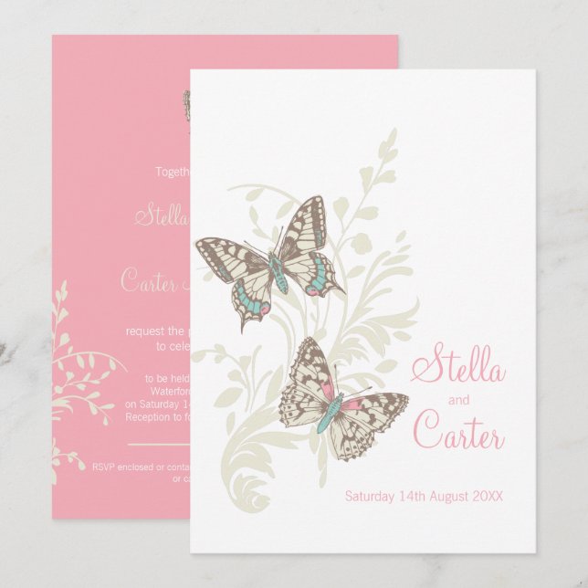 Schmetterlinge, rosa, cremefarbene Hochzeit Einladung (Vorne/Hinten)