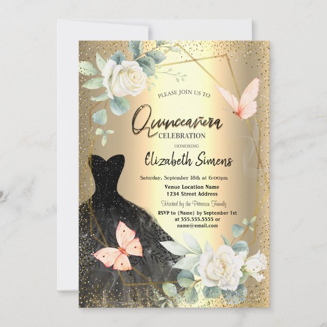 Schmetterlinge Rose Schwarzes Kleid Quinceañera Einladung (Vorderseite)