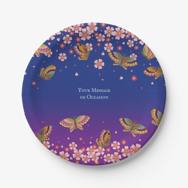 Schmetterlinge Sakura Blüten Blau Personalisiert Pappteller (Vorderseite)