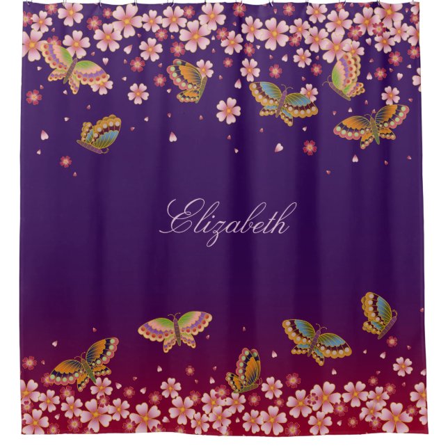 Schmetterlinge & Sakura-Blüten Lila Personalisiert Duschvorhang (Vorderseite)