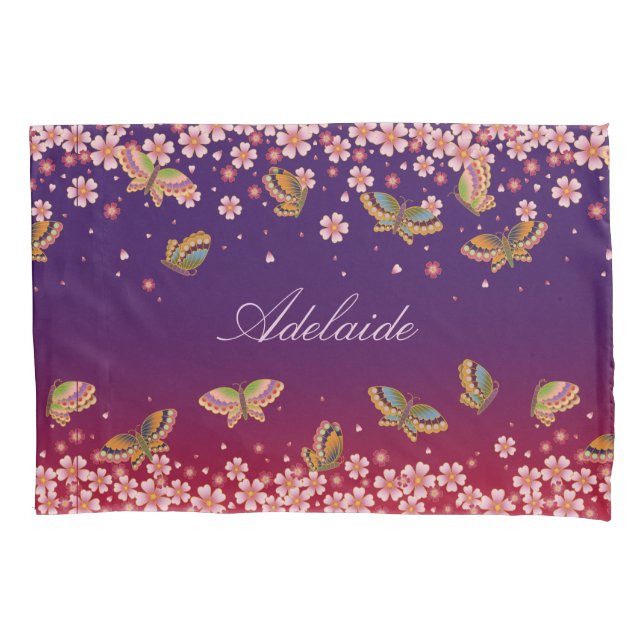 Schmetterlinge & Sakura-Blüten Lila Personalisiert Kissenbezug (Vorderseite)