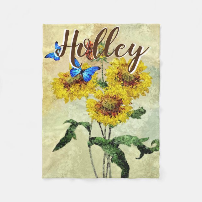 Schmetterlinge Sonnenblumen Wasserfarbe Personalis Fleecedecke (Vorderseite)