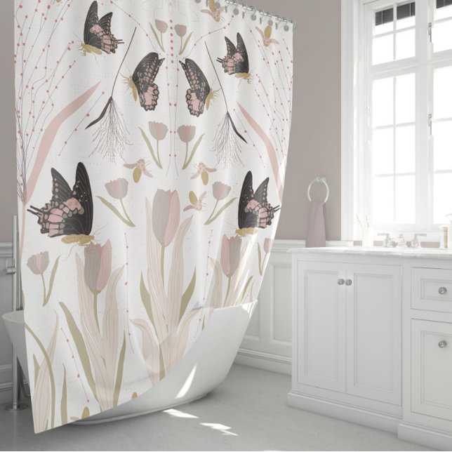 Schmetterlinge Tulips Pink Muster Duschvorhang (Elegant Black Pink Gold Butterflies Bees Tulips Shower Curtain from Studio Posies.)